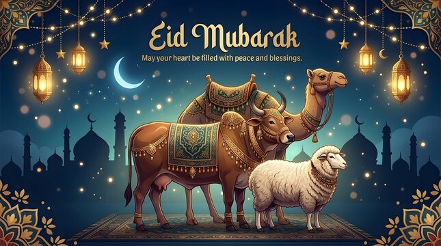 Eid mubarak greeting card with ornate camel cow and sheep.