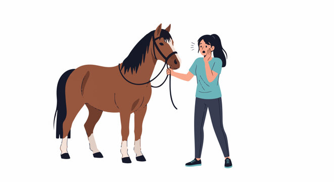 A startled person holds a horse's reins, looking surprised