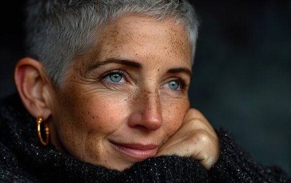 Thoughtful middle aged lady with grey hair leaning on her hand against a dark studio background.