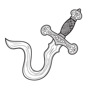 Ornate curved dagger vector illustration with wavy blade and decorative hilt for coloring book or tattoo design