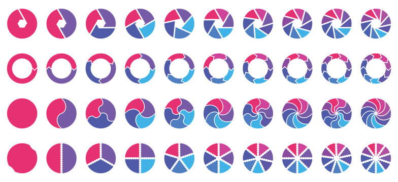 Pie chart set, Circle icons for infographic. Colorful diagram collection with 1,2,3,4,5,6,7,8,9,10 sections and steps. Pie chart for data analysis, business presentation, UI, web design.