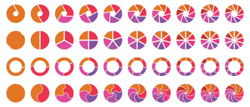 Pie chart set, Circle icons for infographic. Colorful diagram collection with 1,2,3,4,5,6,7,8,9,10 sections and steps. Circle chart, circle sections and round donuts chart pieces. 