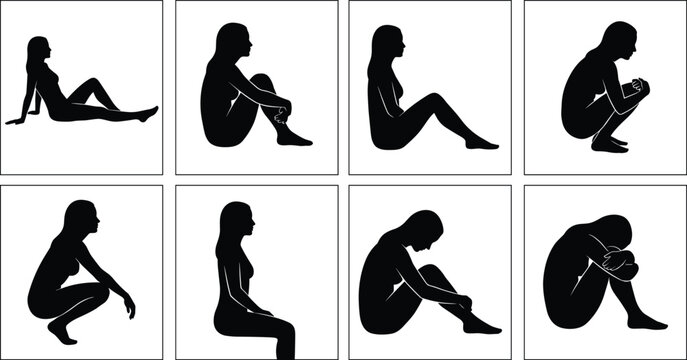 Collection of solid black female body silhouettes demonstrating various sitting and crouching poses, isolated inside white square frames for commercial vector illustration design projects