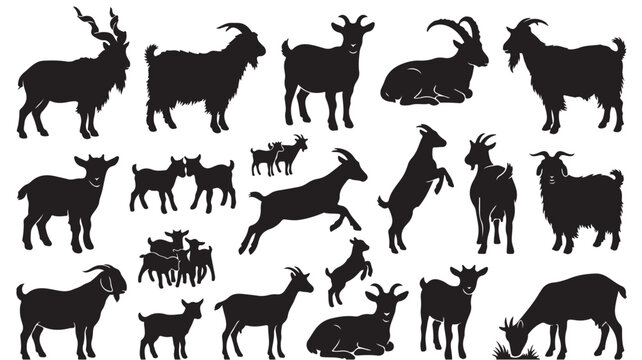 Goat silhouette collection, farm animal vector set with 18 black silhouettes of goats and kids, livestock icons for agriculture and dairy farming