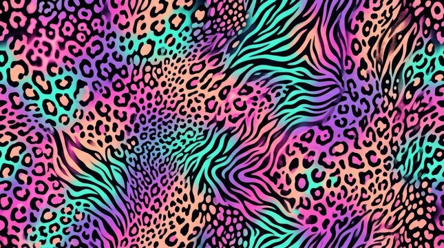 Vibrant animal print seamless pattern with leopard zebra and tiger motifs