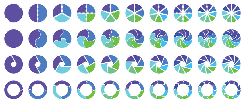 Circle pie chart. 1,2,3,4,5,6,7,8,9,10 sections or steps. Flat process cycle. Progress sectors. Circle icons for infographic, UI, web design, business presentation. Vector illustration.