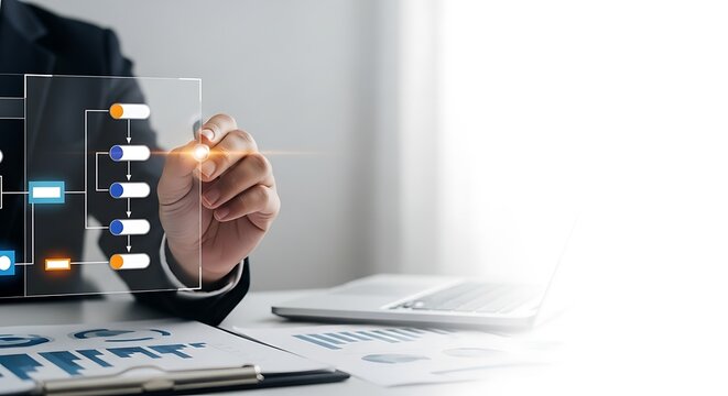 Business professional using a stylus to draw a flowchart on a digital screen, illustrating a business process and strategy