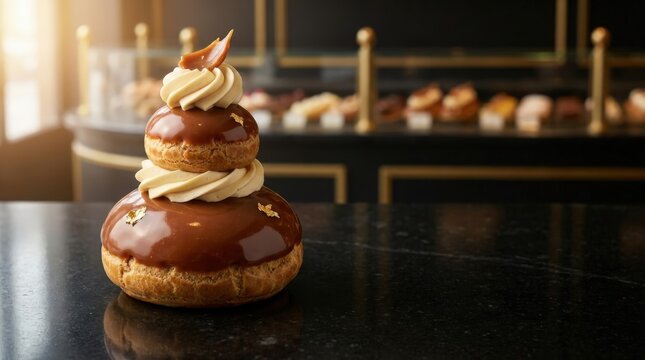 A gourmet chocolate and caramel religieuse pastry with a smooth glossy glaze and delicate gold leaf sits elegantly on a dark marble counter inside an upscale bakery, cinematic wide view display.
