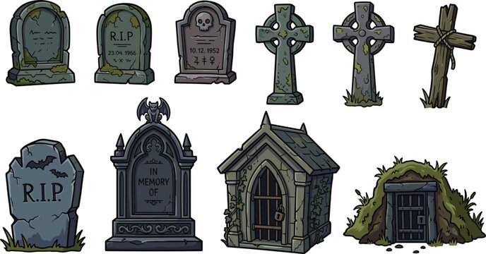 Collection of spooky Halloween tombstones headstones celtic crosses stone crypt and burial vault cemetery elements isolated on white background graveyard vector illustration template set