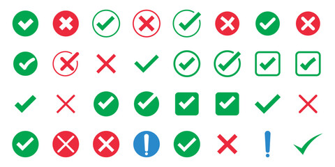 Right and wrong vector icon set rounded color black outline, flat rounded check mark, cross, x mark, circle shape thin line tick mark symbol. Approval and rejection signs isolated on white background © Hike Studio 2
