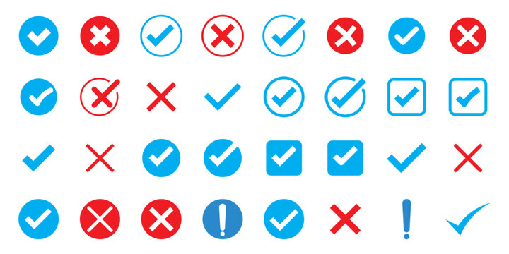Right and wrong vector icon set rounded color black outline, flat rounded check mark, cross, x mark, circle shape thin line tick mark symbol. Approval and rejection signs isolated on white background
