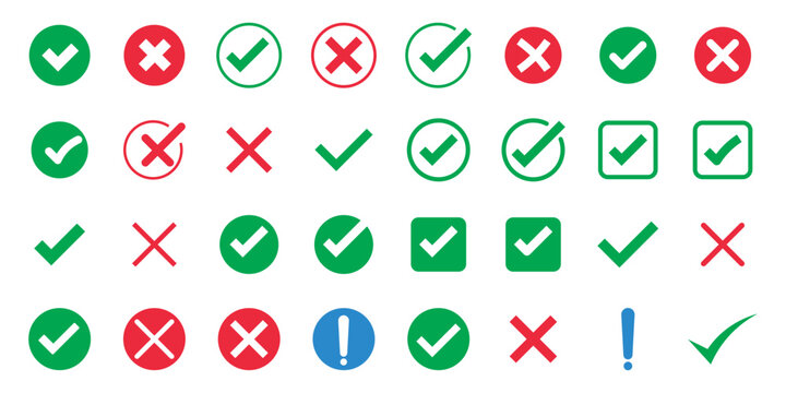 Right and wrong vector icon set rounded color black outline, flat rounded check mark, cross, x mark, circle shape thin line tick mark symbol. Approval and rejection signs isolated on white background