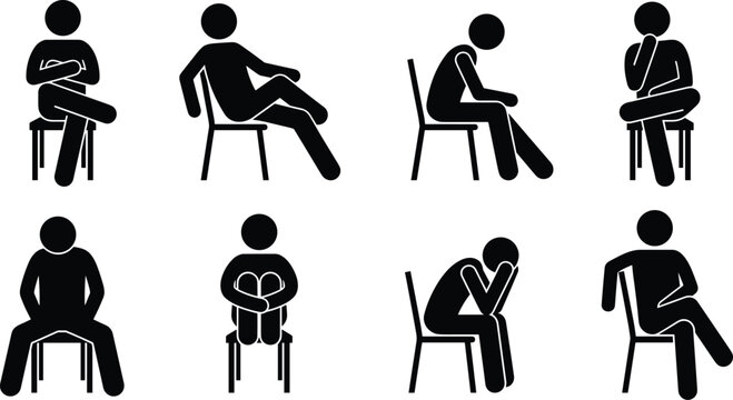 Collection of stick figure pictograms illustrating a person sitting on a chair in multiple diverse poses for infographics, presentations, and modern graphic design projects