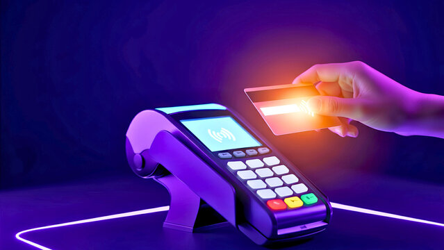Seamless Contactless Payment Transaction with a Hand Holding a Credit Card to a POS Machine