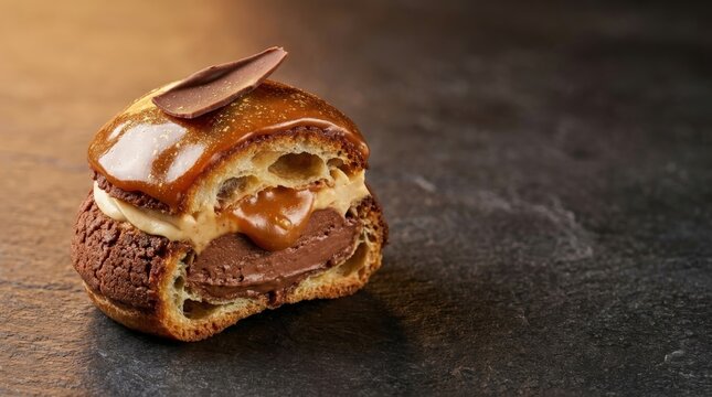A decadent caramel chocolate choux bun with glossy glaze, captured in a detailed 296 gigapixel widescreen composition, featuring rich textures on a dark culinary surface perfect for gourmet food blogs