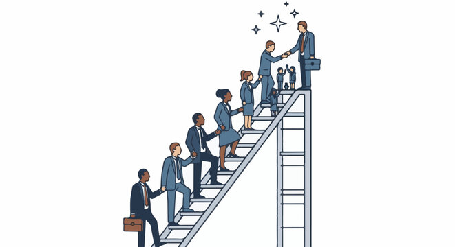 Business professionals ascend ladder to success, shaking hands