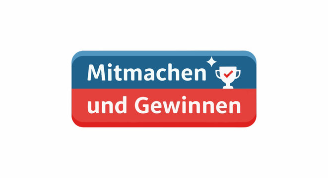 Button with white text on blue and red backgrounds, featuring a trophy
