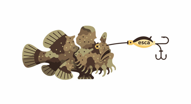 Camouflaged anglerfish with lure, isolated on white background