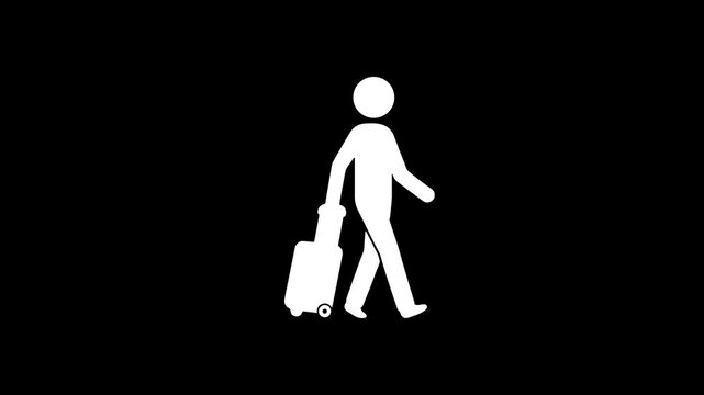 Stylized stick figure icon running fast while dragging a rolling suitcase behind him in a fluid motion sequence designed for modern travel digital projects and high quality motion graphic animation 