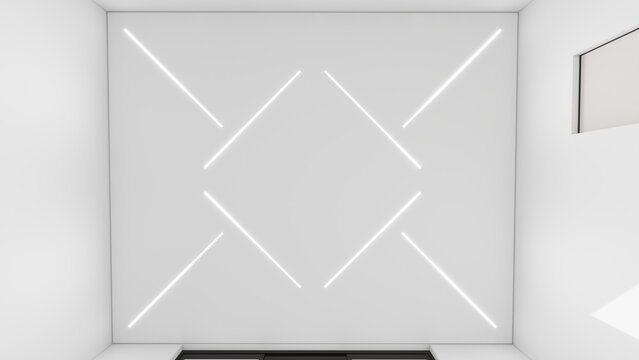 Minimalist ceiling with geometric LED light pattern forming diamond and X shapes. White matte surfaces, rectangular skylight. Bright, futuristic, gallery-like atmosphere. Clean lines, symmetrical desi