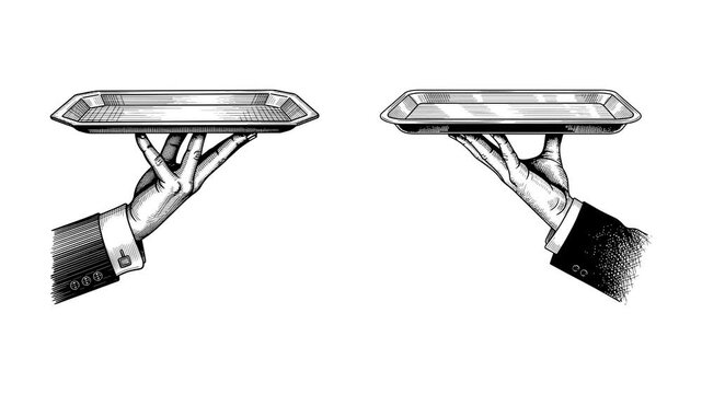 Hand wearing a suit sleeve holding an empty serving tray in a classic vintage engraving style animation sequence that loops smoothly for professional hospitality industry marketing 