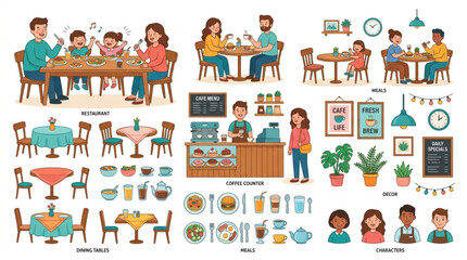 Fototapeta premium Family and friends enjoying meals and drinks at a cozy cafe with illustrated elements