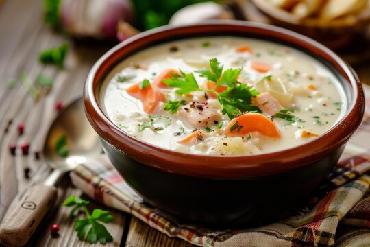 Salmon soup with potatoes, carrots, and fresh parsley is served in a bowl on a rustic wooden table, offering a comforting and flavorful meal