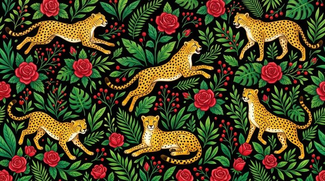 Vibrant cheetah pattern with roses and leaves