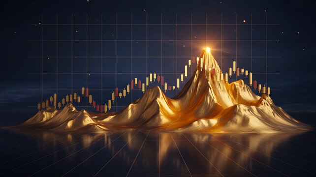 Golden financial mountain chart representing market volatility and growth