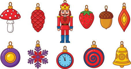 Vintage Christmas Tree Baubles and Nutcracker Hanging Ornaments Vector Icons Set for Winter Holiday Greetings, Festive Patterns, and New Year Celebrations © MstGulzan