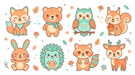 Obraz premium Cute Forest Animals Collection in Flat Cartoon Style Illustration with Pastel Background