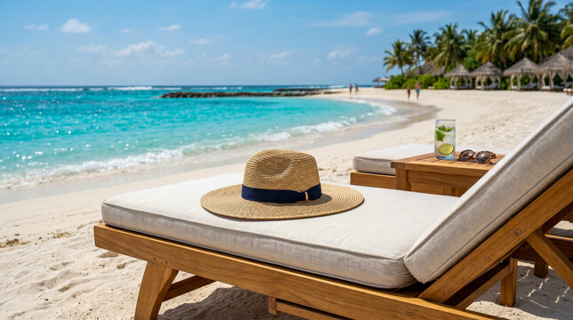 Sombrero de paja elegante en tumbona tropical con ambiente relajante y veraniego.