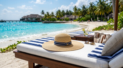 Obraz premium Sombrero de paja elegante en tumbona tropical con ambiente relajante y veraniego.