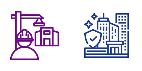 Fototapeta premium Construction worker and city buildings icons isolated on transparent background