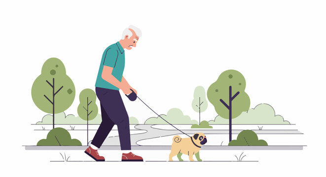An elderly man walks his pug in a park with trees and bushes in the background