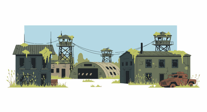 Abandoned military outpost with overgrown structures and a rusted vehicle