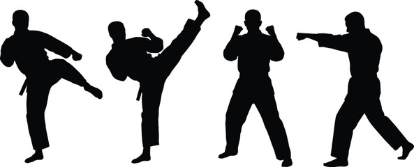 Martial arts silhouettes set, karate fighters kicking and punching vector illustrations on white background © Jarin