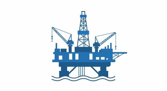 Blue offshore oil rig with cranes on white background