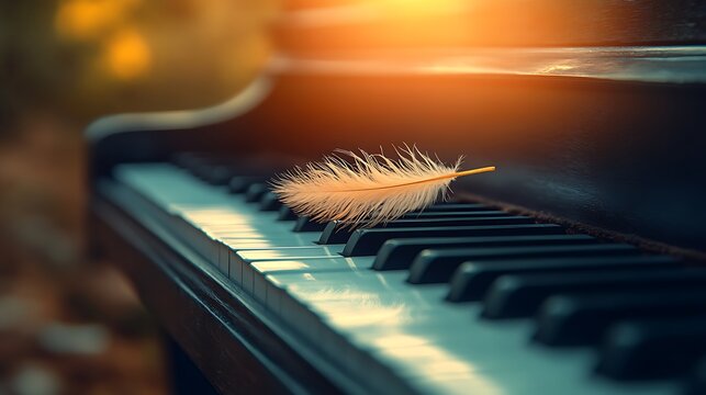Delicate White Feather Resting on Grand Piano Keys in Golden Sunlight.