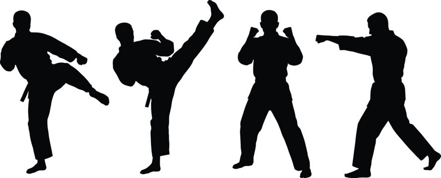 Martial arts silhouettes set, karate fighters kicking and punching vector illustrations on white background