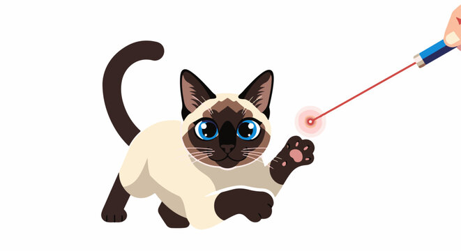 Cartoon cat with large blue eyes plays with a red laser pointer dot