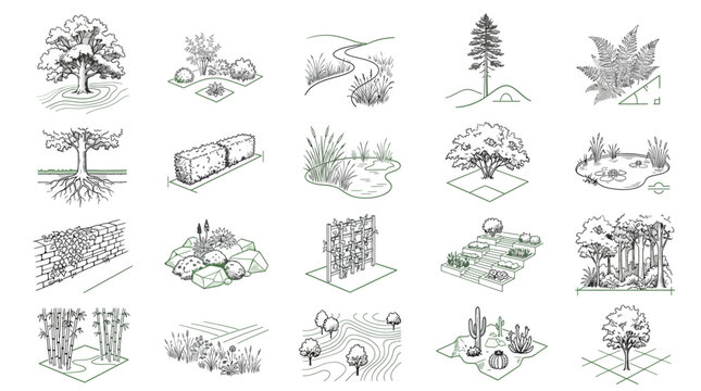 Set of landscape design elements, trees, plants, garden features and terrain icons, isometric view