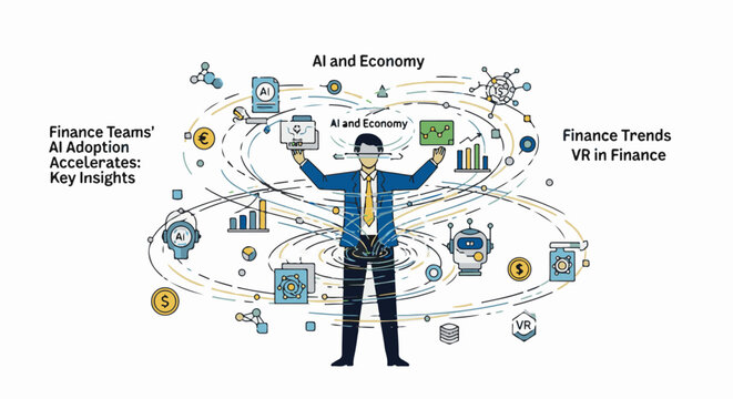 Business person with AI and financial graphics in vortex