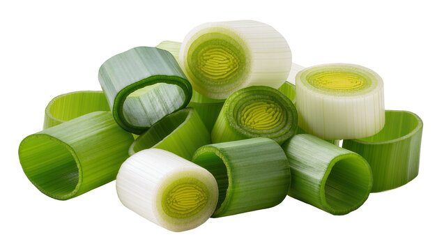 Chopped leek rings with green and white parts, isolated on transparent background