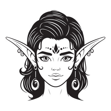 Female elf face vector illustration with pointed ears forehead markings and long hair in black and white line art style