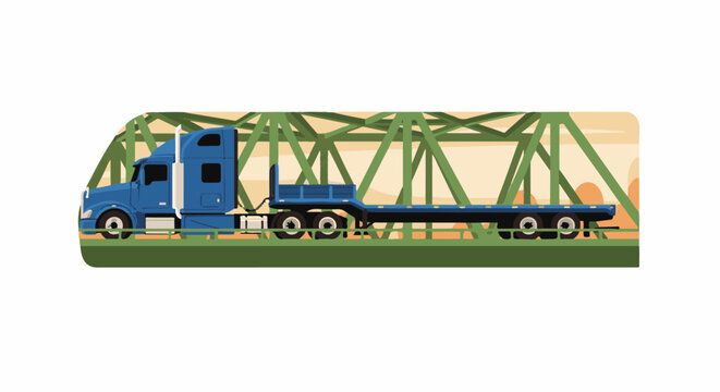 Blue semi-truck with flatbed trailer crossing green truss bridge at sunset