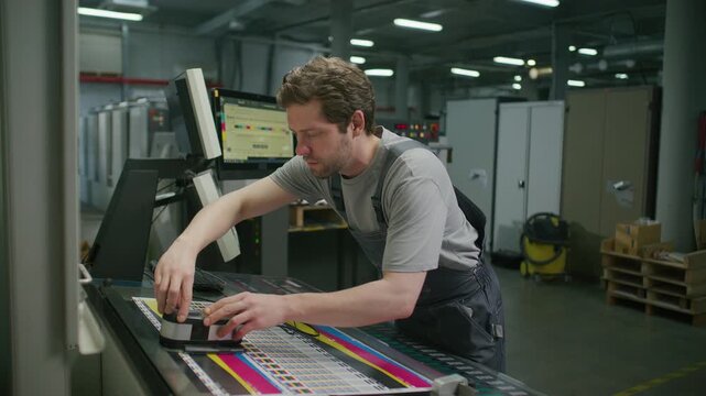 Technician in overalls scanning printed CMYK test sheet with spectrophotometer device, then using control panel to adjust production settings on offset printing press in modern printing house