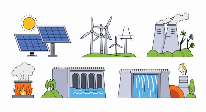 Collection of renewable and non-renewable energy sources depicted in a flat illustration style
