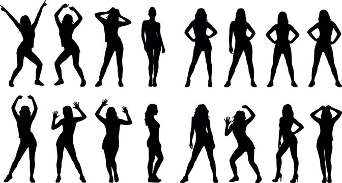 Active Woman and Girl Dancing Silhouettes Set with Energetic Poses, Models Posing, and Party Dancers for Celebration, Fashion, Lifestyle, and Club Event Designs