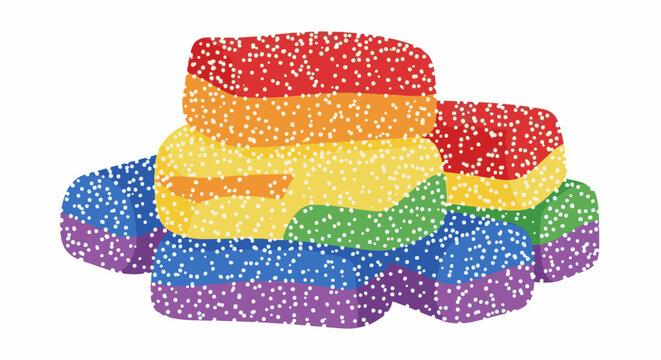 Colorful stacked rectangular chewy candies with white speckles resembling sugar coating